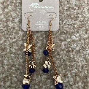 Rainbow Jewelry Blue Drop Earrings Gold Tone
